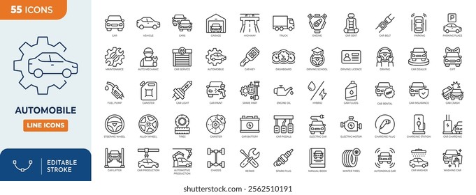 Automobile line editable icon set. Containing icons related to car, vehicle, auto, car part and more. Vector illustration