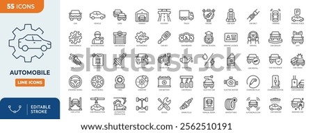 Automobile line editable icon set. Containing icons related to car, vehicle, auto, car part and more. Vector illustration
