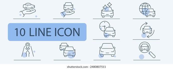 Automobile line icons set. Car in hand, shining car, globe, clock, recycle, location, cars, front view, search. Car service, dealership, maintenance, rental concept