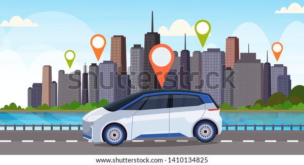 automobile with\
location pin on road online ordering taxi car sharing concept\
mobile transportation carsharing service modern city street\
cityscape background flat\
horizontal