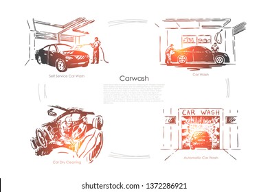 Automobile maintenance business  vehicle care  automatic   dry transport cleaning banner template  Car wash service  auto washing station concept sketch  Hand drawn vector illustration