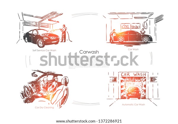 Automobile\
maintenance business, vehicle care, automatic and dry transport\
cleaning banner template. Car wash service, auto washing station\
concept sketch. Hand drawn vector\
illustration