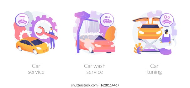 Automobile maintenance center. Professional vehicle detailing, repair and modernization. Car service, car wash service, car tuning metaphors. Vector isolated concept metaphor illustrations