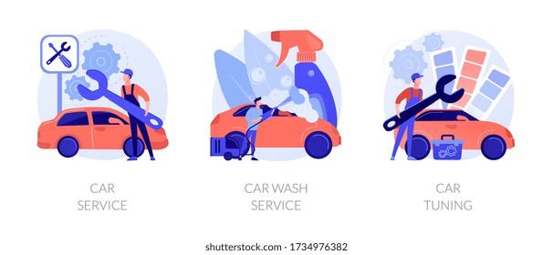 Automobile maintenance center. Professional vehicle detailing, repair and modernization. Car service, car wash service, car tuning metaphors. Vector isolated concept metaphor illustrations