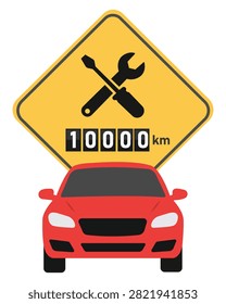 Automobile maintenance illustration featuring service reminder sign tools mileage indicator and vehicle created for repair schedules garage promotions transportation care diagnostics and automotive support graphics