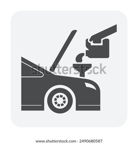 Automobile maintenance, service or check vector icon. To change, refill liquid in engine i.e. lubricant , coolant or flushing oil. Mechanic  pouring products from gallon for clean and lubrication.