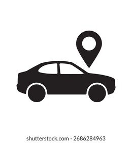 Automobil mit einem Kartenstandort-Pin-Symbol, das die GPS-Navigation der Fahrzeugverfolgung oder das Auffinden eines gesicherten Parkplatzes darstellt