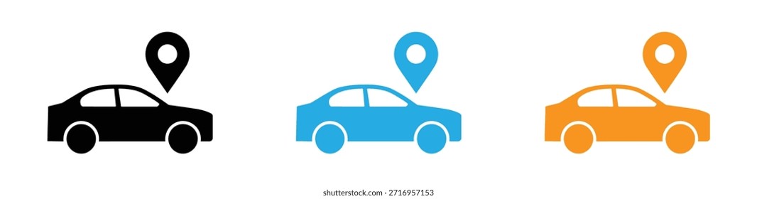 Automóvel com um ícone de pino de localização de mapa que representa a navegação GPS de rastreamento do veículo ou encontrar um lugar de estacionamento de carro salvo. Ícones coloridos de localização de carros para navegação e rastreamento.