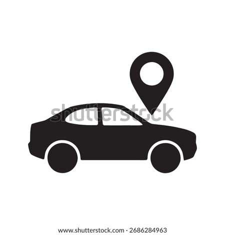 Automobile with a map location pin icon representing vehicle tracking GPS navigation or finding a saved car parking spot