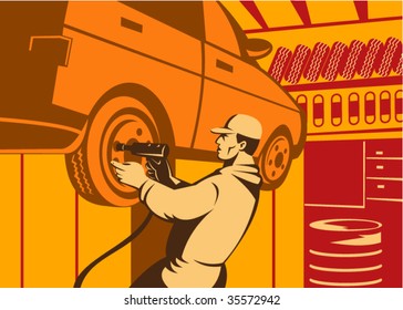 Automobile mechanic at work with car in the workshop