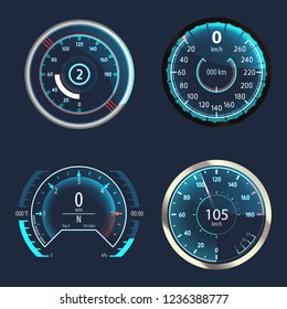 Automobile modern speedometer or set of isolated car odometer, analog truck odograph or gauge for measuring speed, tachometer at vehicle panel. Auto and performance display, transport theme