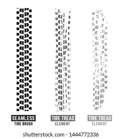 Automobile and motorcycle tire tracks elements with seamless brush. Grunge addon useful for poster, print, brochure and leaflet background design. Editable vector illustration in monochrome colors.