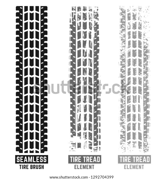 Automobile and motorcycle tire tracks elements
with seamless brush. Grunge automotive addon useful for poster,
print, brochure background design. Editable vector illustration in
monochrome colors.