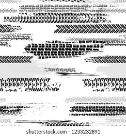 Automobile and motorcycle tire tracks seamless pattern. Grunge automotive addon useful for poster, print, brochure and leaflet background design. Editable vector illustration in monochrome colors.