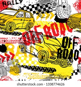 Pista de neumático para automóviles y motocicletas sin problemas. Addon para automóviles Grunge útil para el diseño de carteles, impresos, volantes, folletos y folletos. Ilustración vectorial editable en colores de terreno.