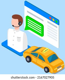 Automobile near customer support operator man. Best transportation service, taxi feedback symbol. Design of application with passenger transport support. Taxi service dispatcher icon next to car