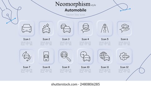 Automobile neomorphism style line icons set. Car, sparkling clean car, multiple cars, location, hand holding car, compass, rotation, search, steering wheel, clock, global, gear. Automotive services