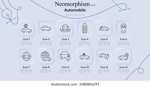 Automobile Neomorphismus Stil Linie Symbole gesetzt. Zertifiziert, Profil, Auto auf der Bühne, Gepäck, Elektroauto, Karte Pin, Ziel, global, Plug-in-Auto, Polizei, Feuer. Fahrzeugklassen