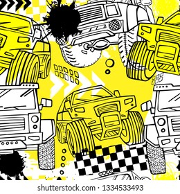 Automobile offroad seamless pattern. Grunge automotive addon useful for poster, print, flyer, brochure and leaflet background design. Editable vector illustration in bright colors.