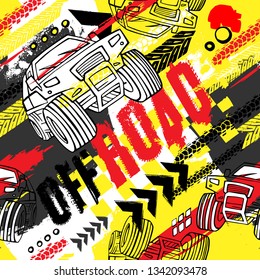 Automobile offroad seamless pattern. Grunge automotive addon useful for poster, print, flyer, brochure and leaflet background design. Editable vector illustration in bright colors.