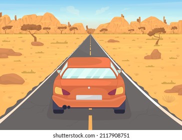 Automóvil en la pista desértica de luz de color plano de la ilustración vectorial. Transporte seguro. Viajes domésticos. Auto rojo conduciendo en la carretera objeto de caricatura 2D simple con un paisaje desértico en segundo plano
