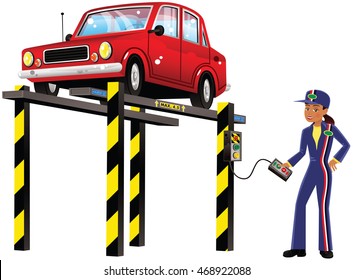 Automobile on hydraulic ramp.