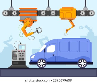 Automobile on manufacturing line with robotic arms vector illustration. Automotive manufacture, robotics, automation in industry concept