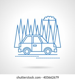 Automobile on a road in front of fir trees and a cloud. Tourism with transport. Nature. Flat blue line style vector icon. Single design element for website, business.