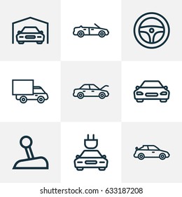 Automobile Outline Icons Set. Collection Of Lorry, Convertible Model, Shed And Other Elements. Also Includes Symbols Such As Truck, Shed, Steering.