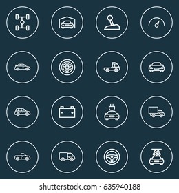 Automobile Outline Icons Set. Collection Of Stick, Car, Shed And Other Elements. Also Includes Symbols Such As Accumulator, Crossover, Wagon.