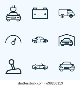 Automobile Outline Icons Set. Collection Of Automobile, Sedan, Accumulator And Other Elements. Also Includes Symbols Such As Garage, Van, Cabriolet.