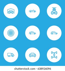 Automobile Outline Icons Set. Collection Of Caravan, Crossover, Carcass And Other Elements. Also Includes Symbols Such As Wagon, Disk, Water.