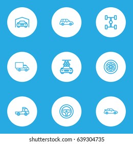 Automobile Outline Icons Set. Collection Of Washing, Wheel, Crossover And Other Elements. Also Includes Symbols Such As Auto, Motor, Lorry.