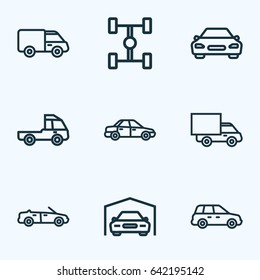 Automobile Outline Icons Set. Collection Of Sedan, Car, Caravan And Other Elements. Also Includes Symbols Such As Truck, Mover, Bus.