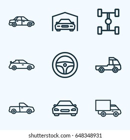 Automobile Outline Icons Set. Collection Of Automobile, Truck, Crossover And Other Elements. Also Includes Symbols Such As Coupe, Motor, Scheme.