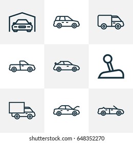 Automobile Outline Icons Set. Collection Of Convertible Model, Shed, Stick And Other Elements. Also Includes Symbols Such As Automobile, Cabriolet, Suv.