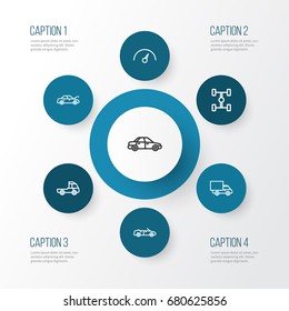 Automobile Outline Icons Set. Collection Of Lorry, Convertible Model, Sedan And Other Elements. Also Includes Symbols Such As Carcass, Speedometer, Bonnet.