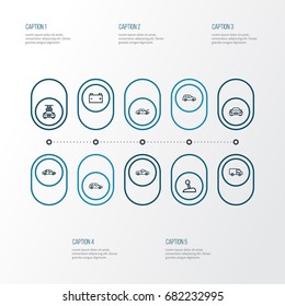 Automobile Outline Icons Set. Collection Of Sedan, Car, Automobile And Other Elements. Also Includes Symbols Such As Water, Level, Bonnet.