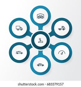 Automobile Outline Icons Set. Collection Of Chronometer, Lorry, Truck And Other Elements. Also Includes Symbols Such As Level, Chronometer, Drive.