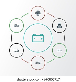 Automobile Outline Icons Set. Collection Of Hatchback, Washing, Convertible Model And Other Elements. Also Includes Symbols Such As Water, Cabriolet, Motor.