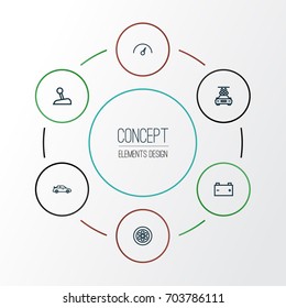 Automobile Outline Icons Set. Collection Of Accumulator, Crossover, Stick And Other Elements. Also Includes Symbols Such As Disk, Sports, Speedometer.