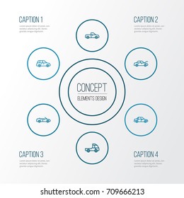 Automobile Outline Icons Set. Collection Of Sedan, Van, Truck And Other Elements. Also Includes Symbols Such As Sedan, Drive, Bonnet.