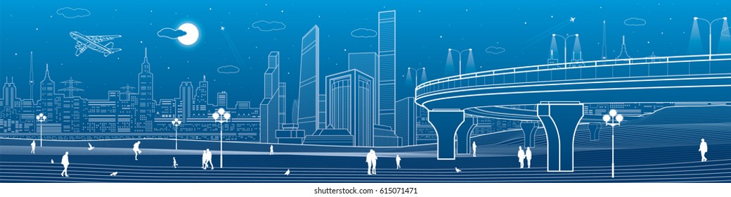 Automobile overpasses, infrastructure and city panorama, people walking, airplane fly, night town, towers and skyscrapers, urban scene, vector design art