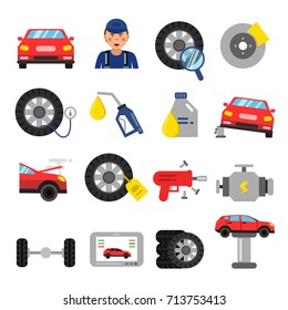 Automobile parts. Wheels and tires service of cars. Vector pictures in flat style. Automobile service repair and auto maintenance illustration