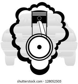 Automobile piston combustion engine against circuit car. Illustration on white background.