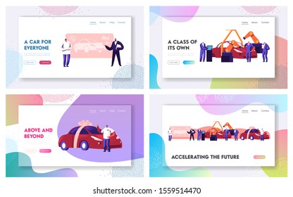 Automobile Projection, Manufacturing and Retail Website Landing Page Set. Auto Project, Machinery Industrial Automation Industry, Man Buying New Car Web Page Banner. Cartoon Flat Vector Illustration