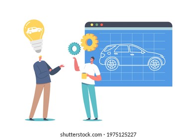 Automobile Prototyping Process. Couple of Engineers Designers Characters Presenting Project of New Auto on Screen, Auto Technology, Machinery Business, Car Creation. Cartoon People Vector Illustration