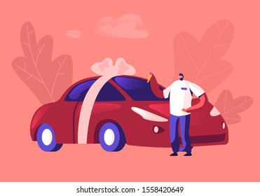 Automobile Purchase Concept. Man Buyer or Seller Holding Keys in Hand Standing near New Red Sedan Car Wrapped with Festive Bow. Customer or Salesman Successful Deal. Cartoon Flat Vector Illustration