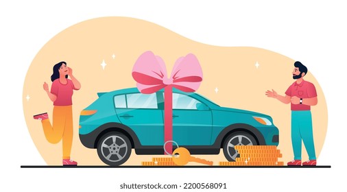 Automobile purchase concept. Man sells vehicle, car to woman. Transactions and financial literacy, dealer and client. Advertising poster or banner for website. Cartoon flat vector illustration