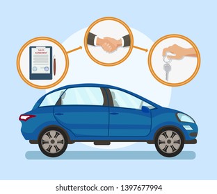 Automobile Purchase Steps Flat Vector Illustration. Vehicle Rental Process, Car Sale Business. Contract Conclusion, Buyer and Salesman Handshake, Keys Handover. Family Transport, Blue Minivan